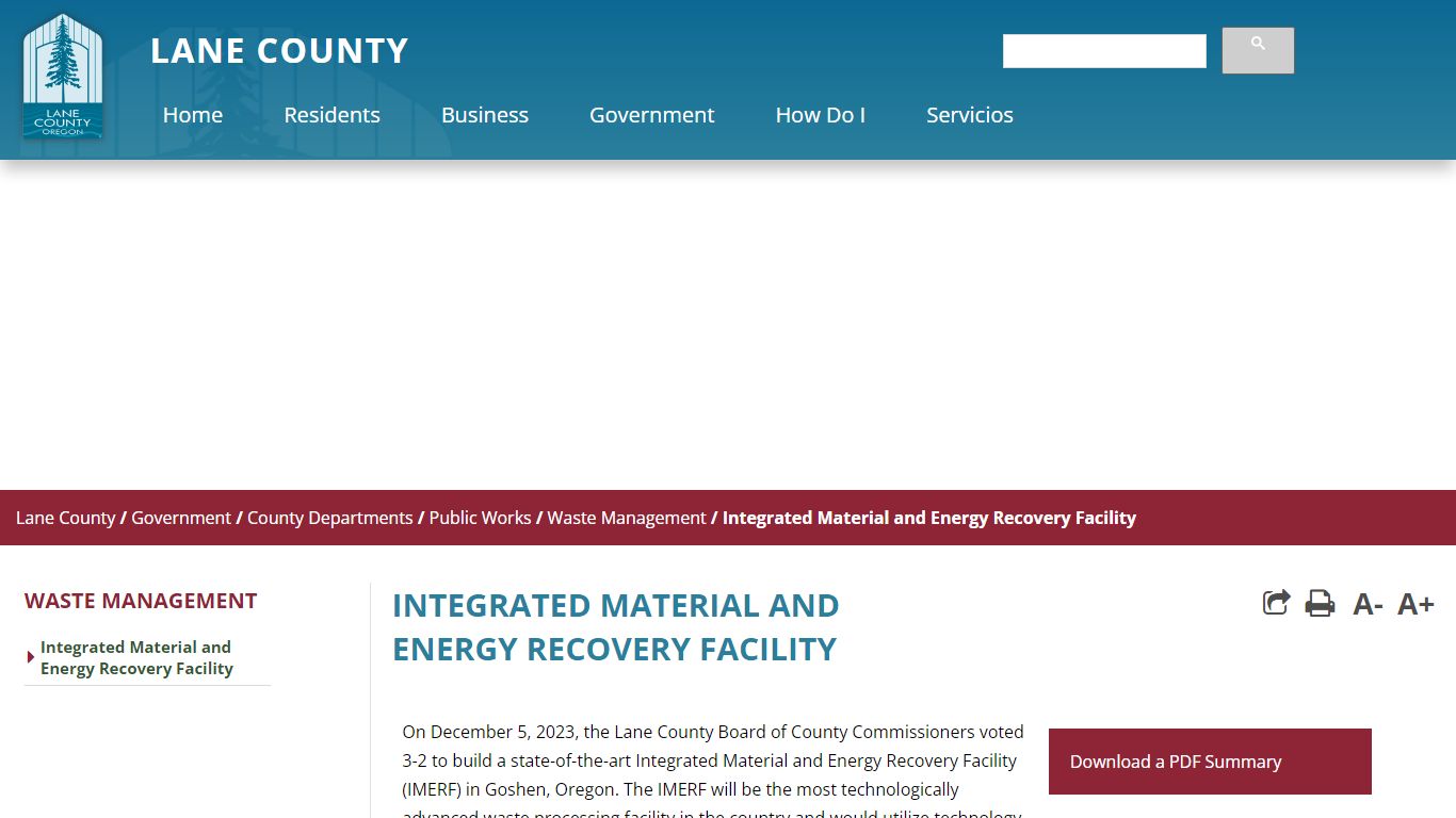 Integrated Material and Energy Recovery Facility - Lane County
